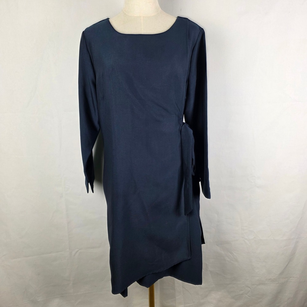 Gretchen Scott Navy Blue Side Tie Wrap Long Sleeve Dress XL Asymmetric Hem